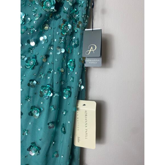 ADRIANNA PAPELL DRESS 14 GREEN SEQUIN 3D FLORAL LONG FORMAL ONE SHOULDER BLING - Picture 5 of 16